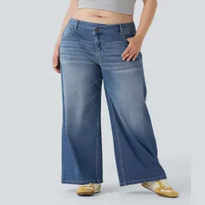 Halara Plus Size Halara Flex Asymmetric Low Rise Wide Leg Washed Casual Jeans with Pockets
