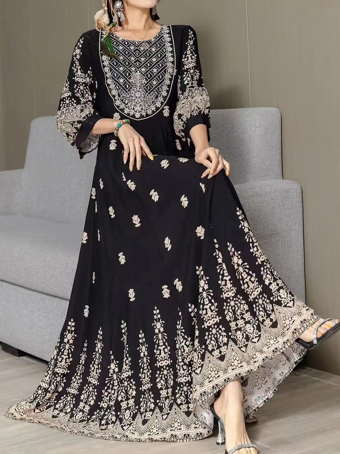 Vacation Boho Long Dress, Loose Round Neck, Heavy Embroidery, A-Line Waist Cinch, Travel Ethnic Bohemian Style, All Seasons, Boho Style Dresses, Womenswear, Casual Wear