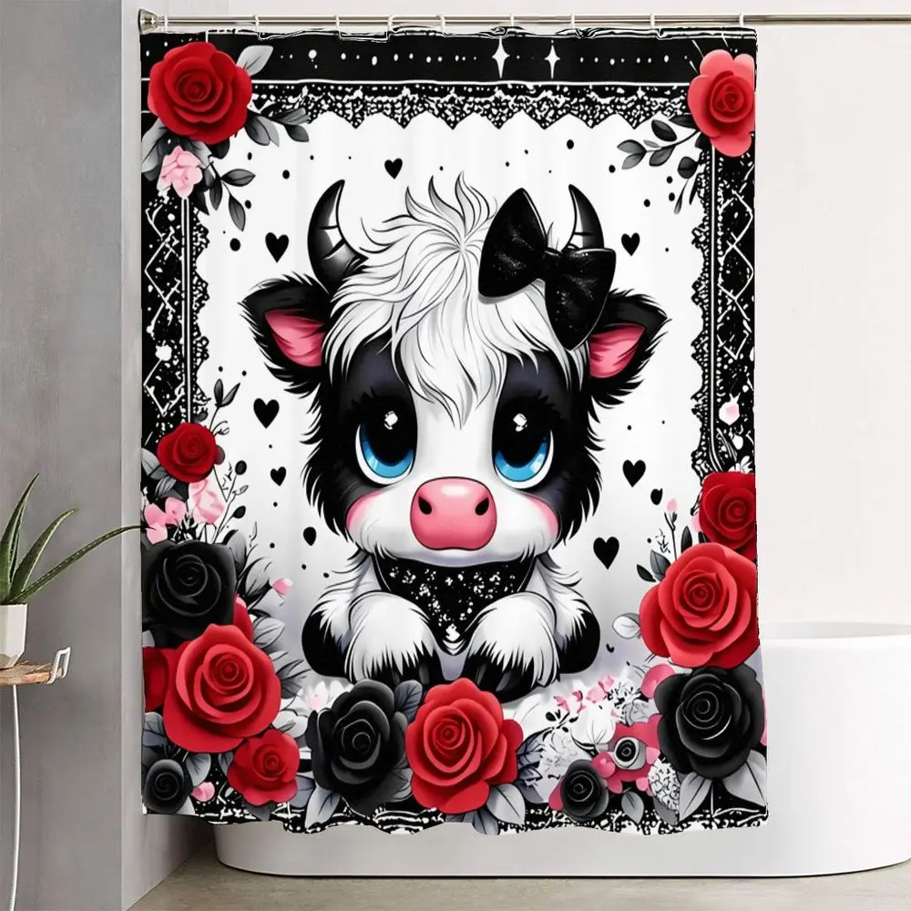 1/4pcs Gothic Cow Bathroom Decor Set, Bathroom Decor And Accessories - Baby Cow Shower Curtain Sets with Black Bow, Matching Toilet Lid Cover & Bath Mats for a Bathroom