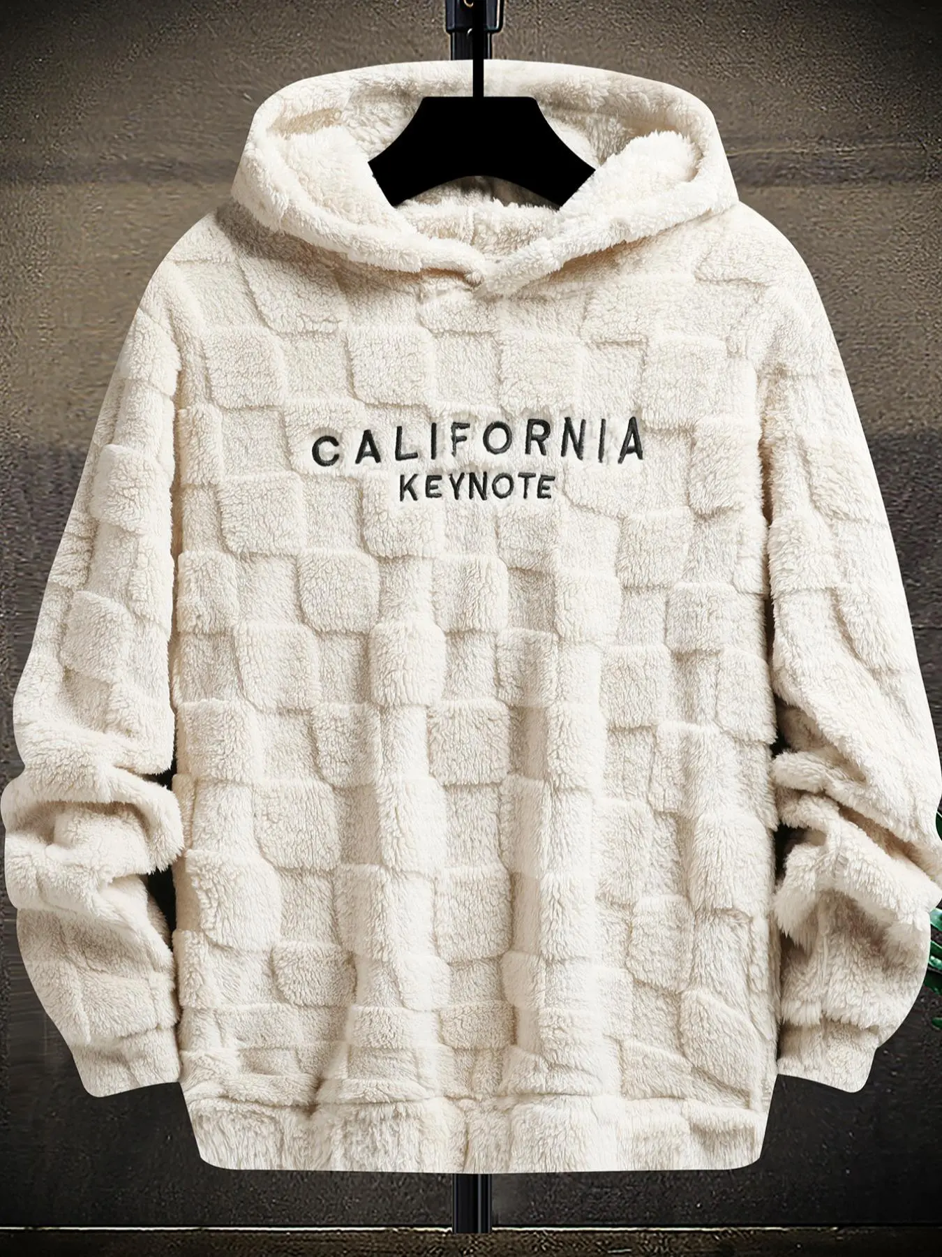 Men's Baggy Hoodie, Long Sleeve Drop Shoulder Pullover Top with California Embroidery and Cozy Fuzzy Lining, Tops, Casual, Sweatshirts, Relaxed Fit, Halloween, Thanksgiving, Textured, New Year, Stretch, Fabric, Drop Shoulder Crewneck