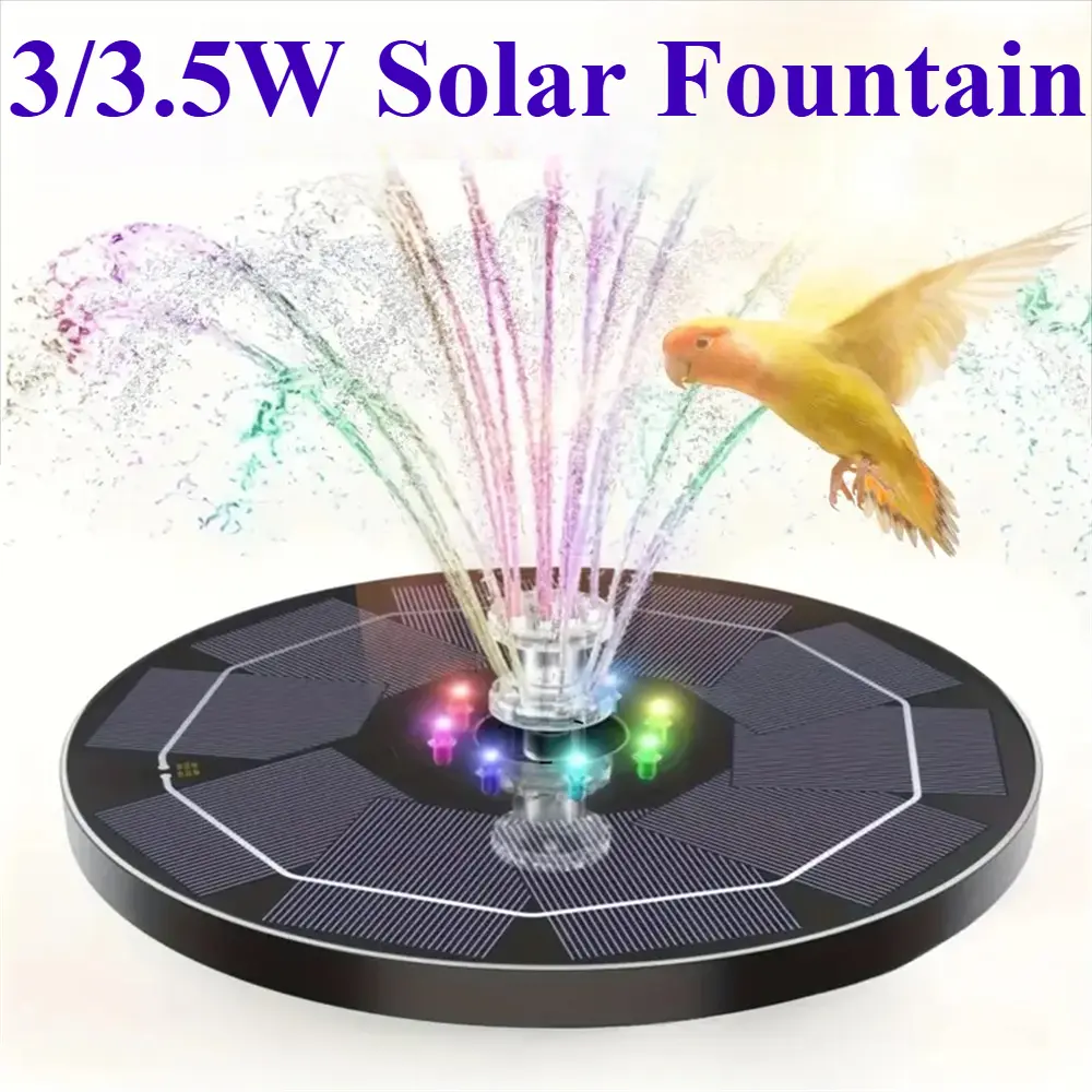 Solar Fountain Pump - 3/3.5W Solar-Powered Outdoor Water Feature with 2 Modes, Day-and-Night Operation, Colorful LED Lights, Built-in Battery, Different Spray Styles, Water Shortage Protection, Efficient Stable Performance for Fountains, Bird Baths, Pond