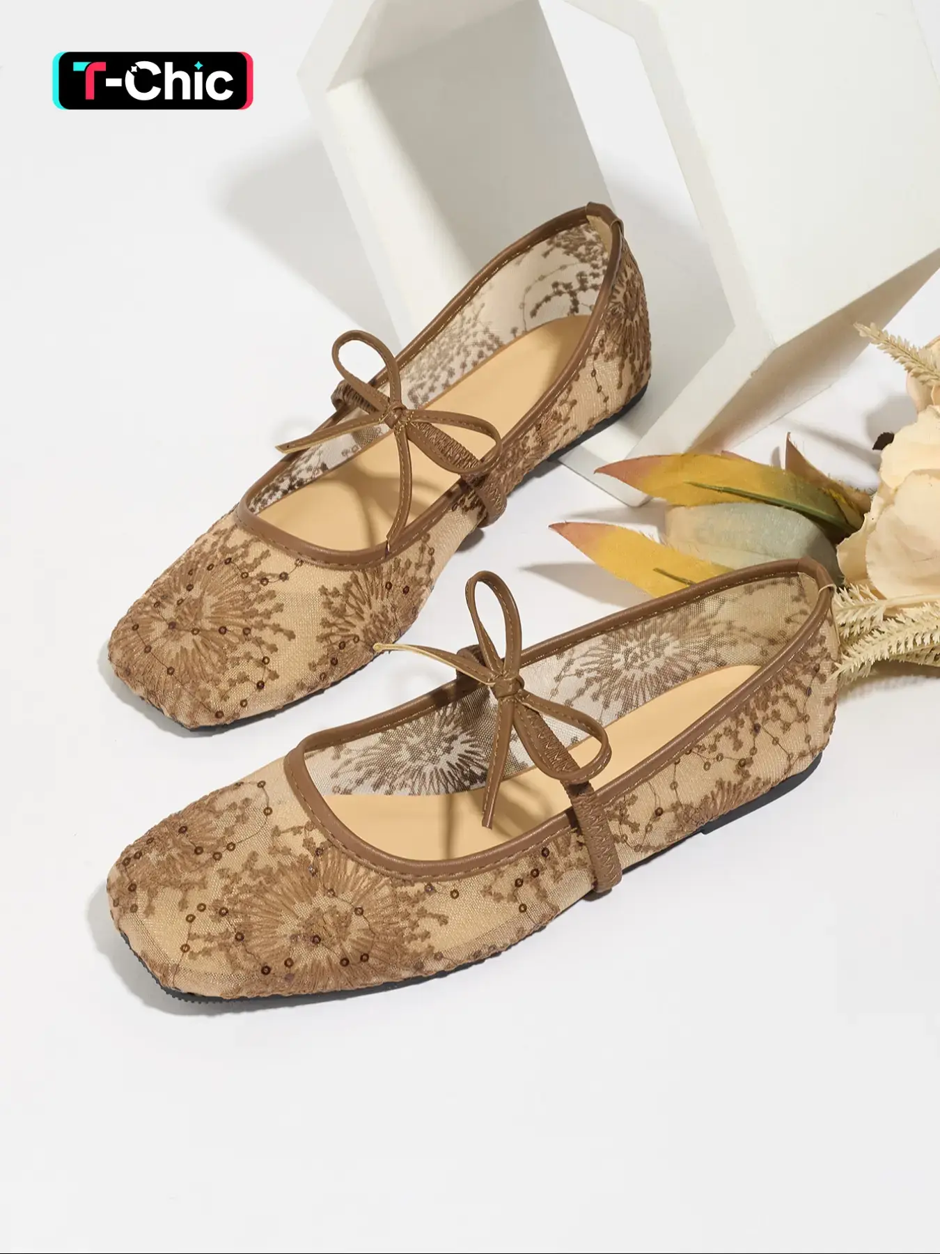 Women's Embroidery Lace Mesh Ballet Flats, Elegant Square-Toe Ballerina Shoes with Bow, Breathable Flat Shoes for Party and Daily Wear