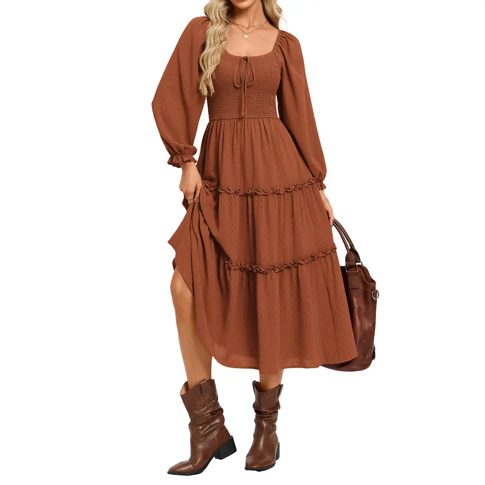 Grace Karin Women's Long Sleeve Polyester Tiered Midi Dress, Casual A Line Pull On with a U Neck Shirred Bodice and Pockets, Longsleeves, Casual Wear, Tiered Skirt, Smocked Bust, Agaric Lace, Non Stretch, Soft & Comfortable, Tiered Dress