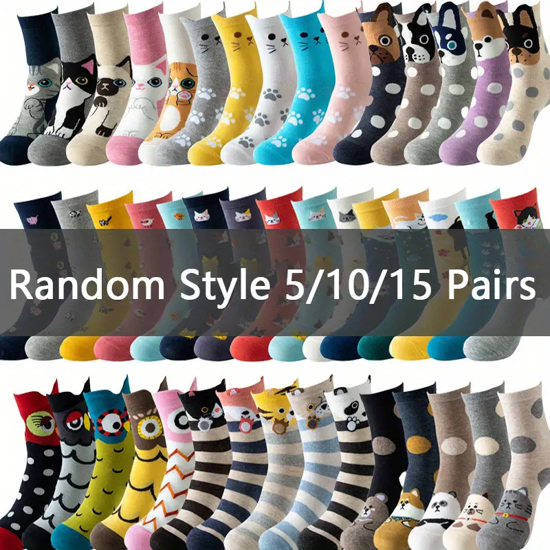 Women's Cartoon Animal Mid-Calf Seamless Socks - Lady Breathable Comfy Socks for Women, 5/10/15 Pairs, Sweat-Absorbent, Soft Hosiery for Spring & Autumn, Seamlesssocks, Soft Comfy Hosiery, Mid-Calf Socks