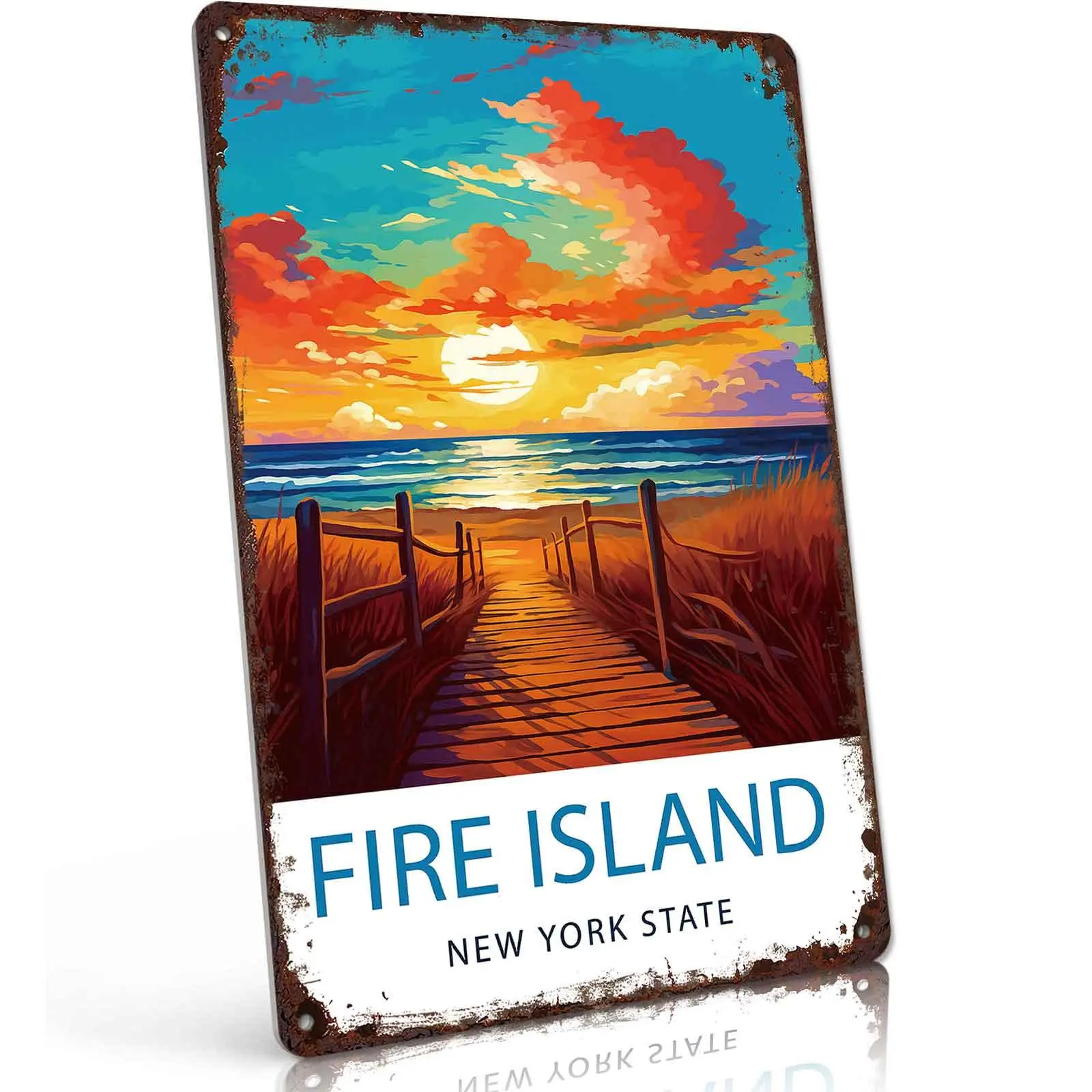 8x12 in Lightweight Aluminium Fire Island New York State Beach Sunset Metal Tin Sign, Decorative Mountable Wall Decor for Home, Coastal Cottage Room Decor Gift for Ocean Travel Lovers, Coastal Decor