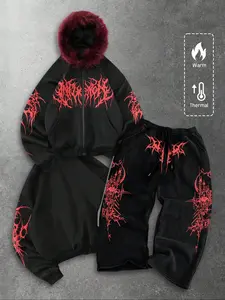 Tiktok Trendy Hoodie & Jogger Set, Gothic Print Streetwear, Casual Fitted, Fall & Winter Fashion, Ideal for Urban Style