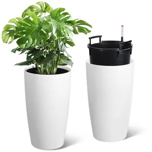 22" Tall Round Planter Set of 2, Self Watering Pots for Indoor Plants,  With Built-In Drainage and a Water Level Monitor, for Patio, Porch, White