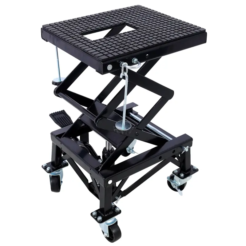 Hydraulic Motorcycle Scissor Jack Lift with Footstep Wheels - 300-350 lbs Capacity, Compact Jack Stand & Motorcycle Stand for Small Dirt Bikes, Easy Movement, Stable Anti-Tip Structure, Waist-Saving Maintenance Tool