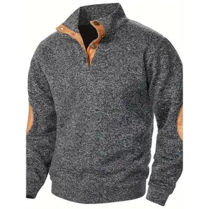 Men's Color Blocking Patched Stand Collar Sweater For Autumn And Winter, Casual Trendy Top As Gift