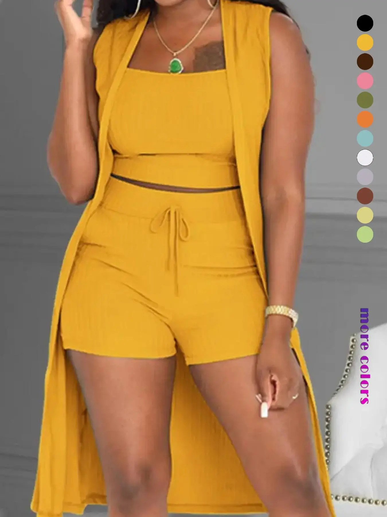 Three-Piece Set Women's Solid Ribbed Co-ord Set, Casual Crop Tank Top & Drawstring Waist Shorts & Vest Coat Set for Daily Wear, Summer Clothes, Women's Clothing