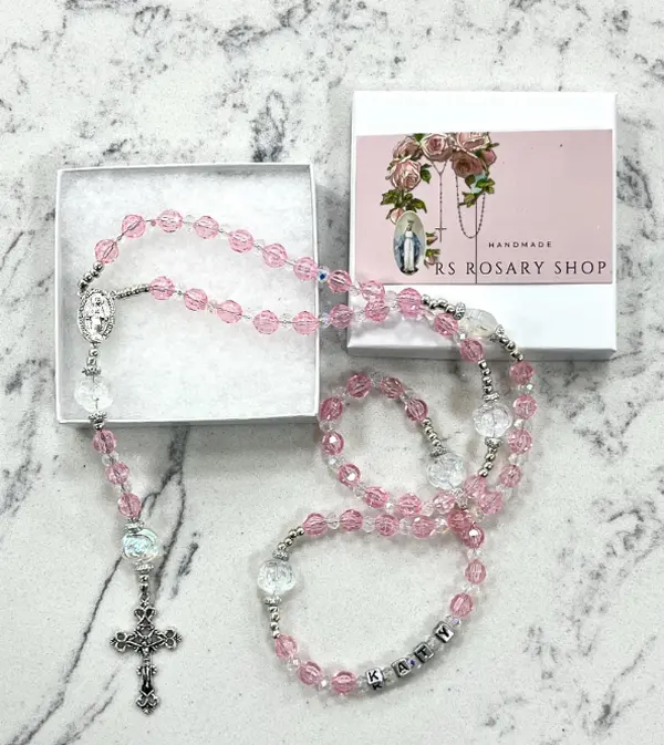 Pink silver crystal rose name rosary