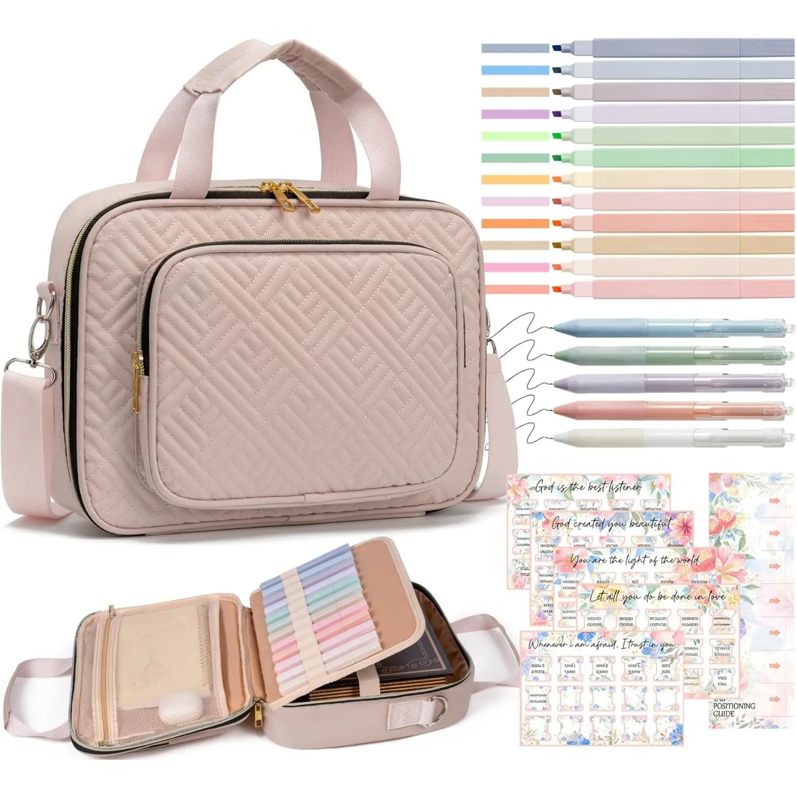 woman bible study supply,Bible Cover for Women Bible Case, Large Bible Bag w/Shoulder Strap, Bible Study Supplies Bible Journaling Kit Pink Book Carrying Case with Bible Highlighters, Mothers Day Christian Gifts for Women