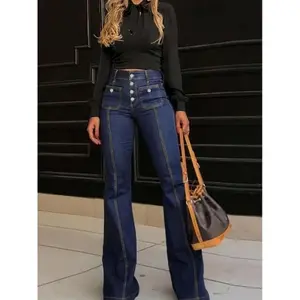 High Waist Patchwork Bell Bottom Jeans, Multi Button Fly Vintage Stretchy Wide Leg Denim Pants, Women's Denim Jeans & Clothing