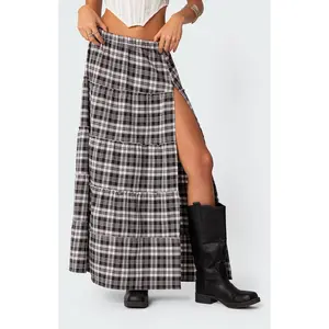 Edikted Women's Plaid Side Slit Tiered Maxi Skirt - Multicolor
