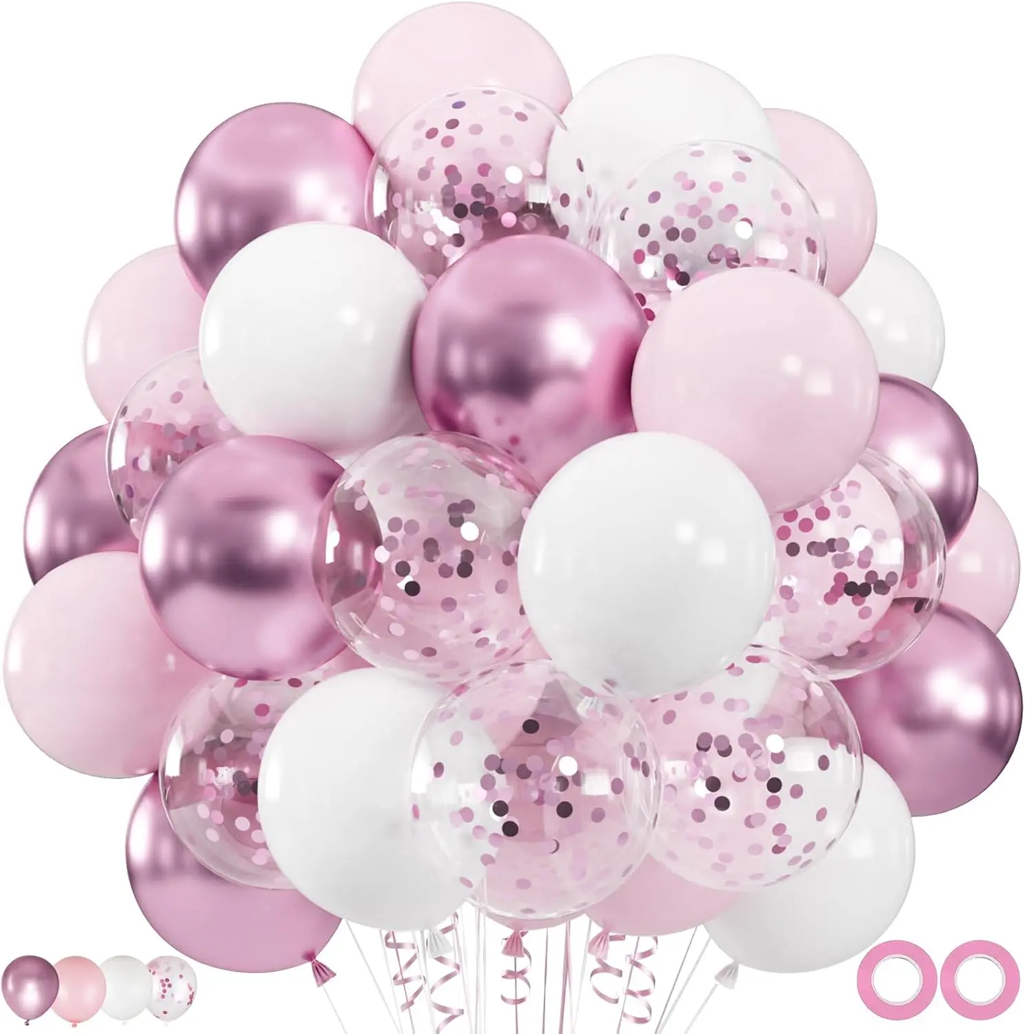[New Deal] 60 pcs 12-in Pink & White Self-Sealing Latex Rubber Balloons Set, Metallic Pastel Pink with 66ft Ribbon for Effortless Hanging, Premium Durable for Birthday, Easter Party Decor & Balloon Arch