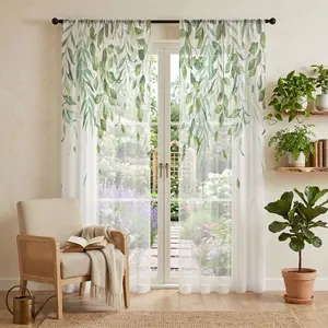 2-Pack Fresh Willow Leaf Sheer Curtains, Minimalist 2D Print Drapes, Rod-Pass Through, All-Season Use, Living Room, Balcony, Bedroom