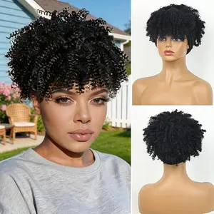 2-in-1 Afro Kinky Curly Headband Wig with Bangs - 8 Inch Synthetic Fluffy Drawstring High Puff & Turban Wrap Wig for Women, Perfect for Holiday Parties