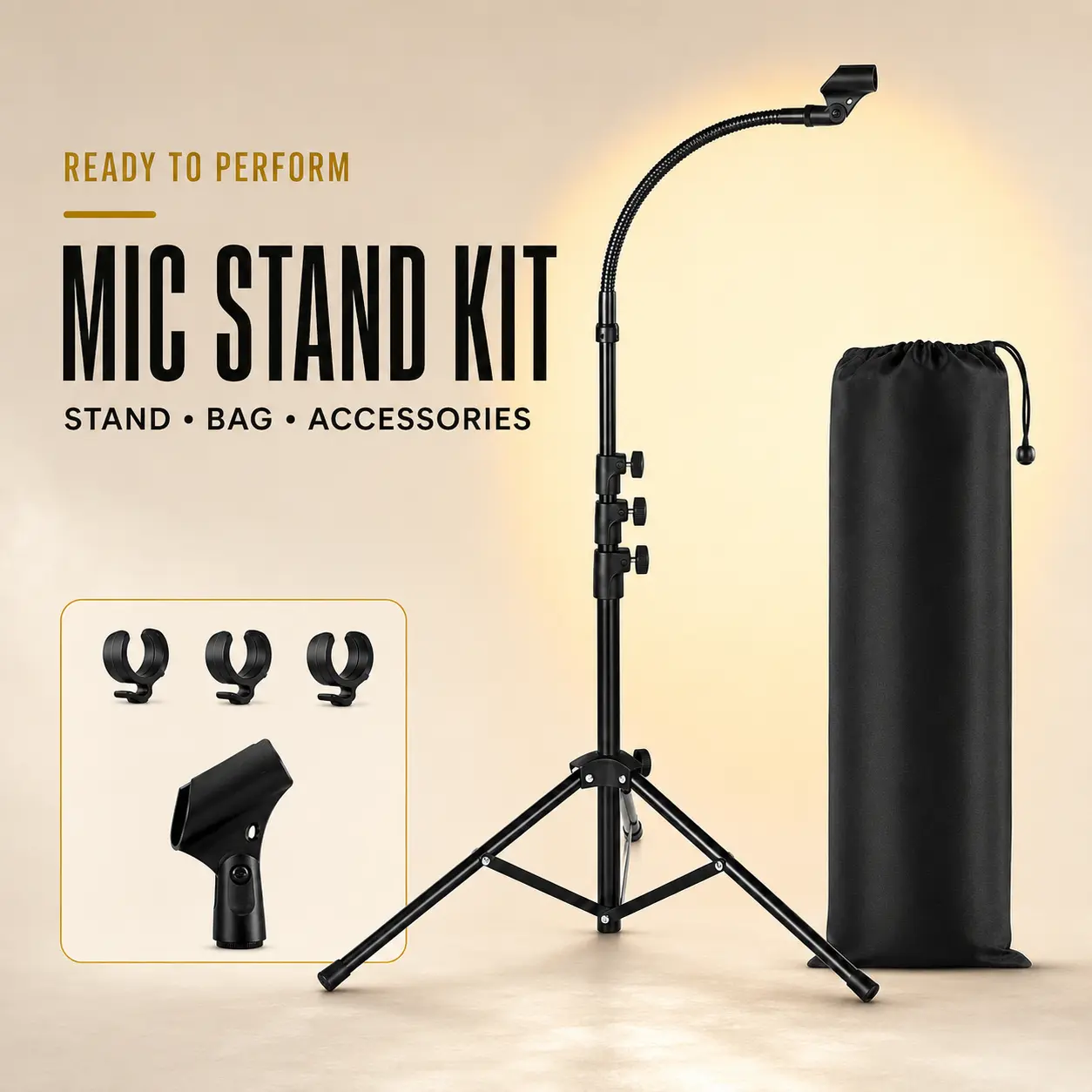 K KASONIC Adjustable Microphone Stand, Folding Tripod Mic Stand with Flexible Gooseneck, Microphone Clips and Carry Bag for Singing, Karaoke, Recording and Performance