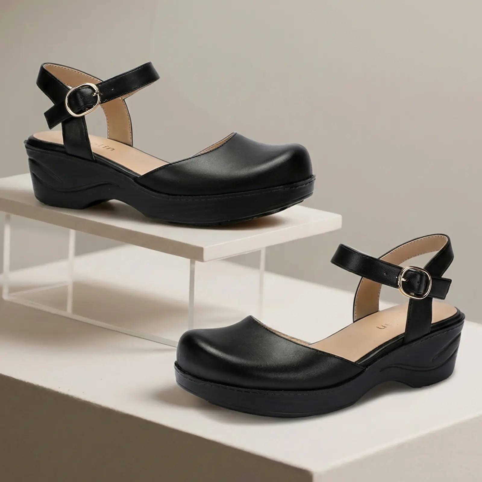 Women's Classical Mary Jane Style Closed-Toe Sandals - Adjustable Low Wedge Arch Support Non-Slip Rocker Sole Comfort Shoes for Long Standing Work, Food Service