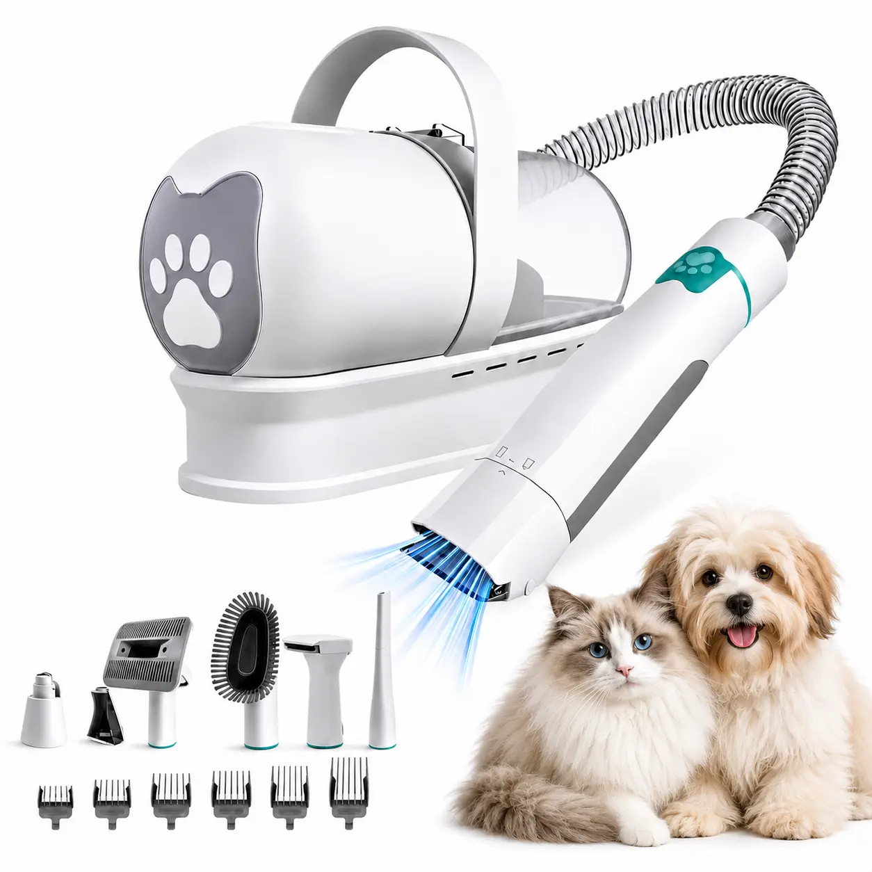 Dog Hair Vacuum Groomer Kit for Shedding, 7-in-1 Pet Clipper & Grooming Brush Set with Paw Trimmer, Nail Grinder & 6 Guide Combs