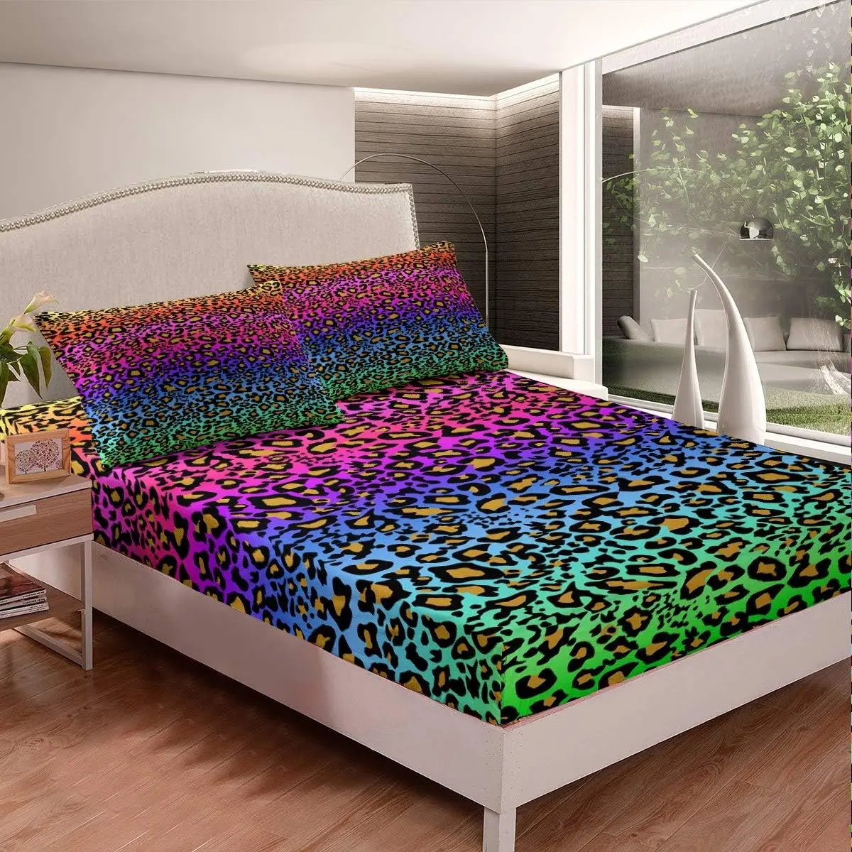 Feelyou Leopard Print Bedding Set - Bright, Colorful, Graphic Fitted Sheet with Elastic Pockets, Vibrant Rainbow Cheetah Print Wild Animal Themed Luxury Linens for Bedroom Use, Bright Fitted Sheets, Colorful Fitted Sheets