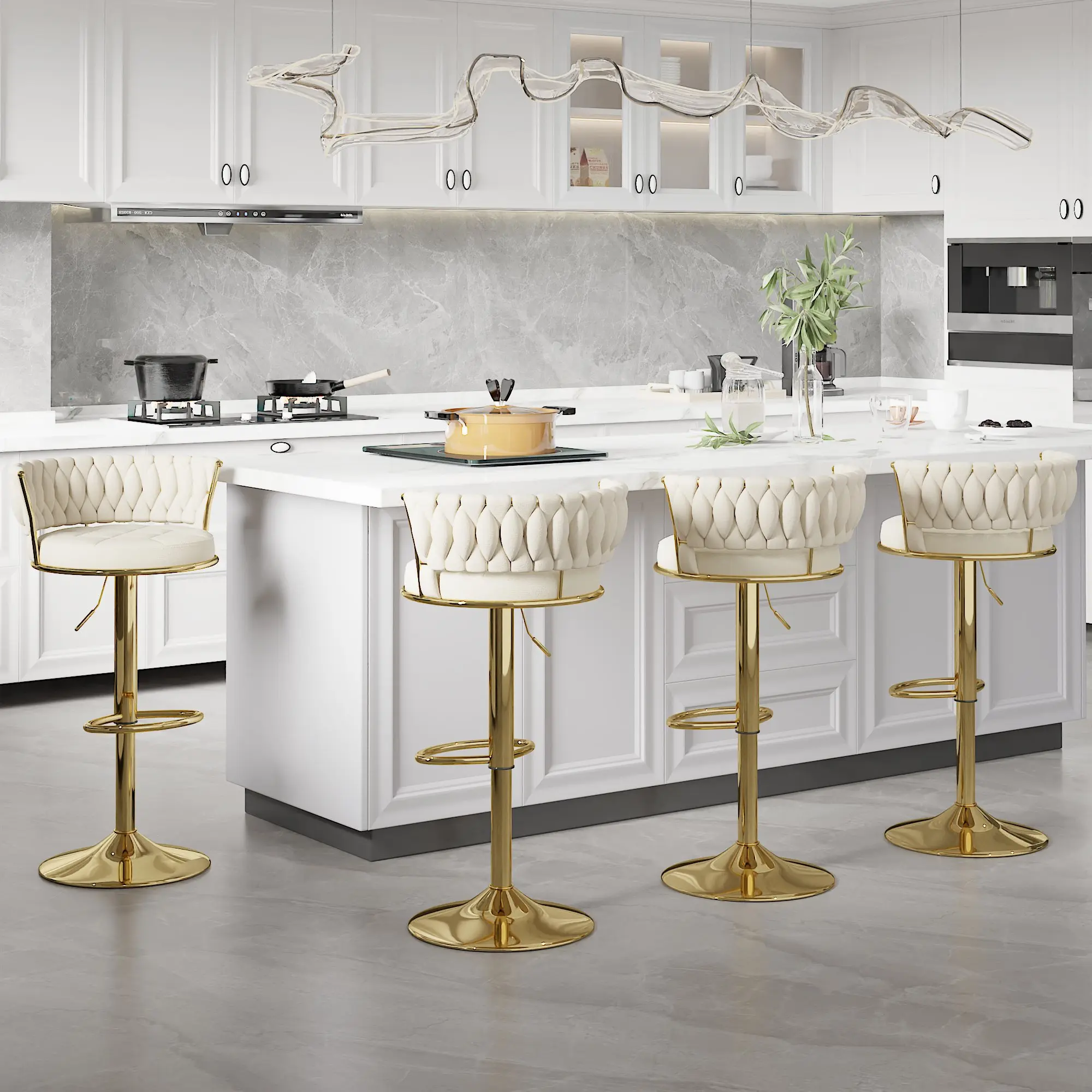 VECELO Modern Black Velvet Bar Stools Set of 2/4 with Woven Arm and Backrest, Height Adjustable and 360° Swivel for Kitchen Island, Cafe, Pub, Bar Counter