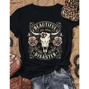 [100% Cotton] Women'S Western Cowboy Graphic T-Shirt - Black Short Sleeve Crew Neck Top With Bull Skull & Floral Design, "" Vintage 2008 Text, Casual Spring/Summer Tee For Outdoor & Casual Attire T-Shirt For Men And Women. 4S2