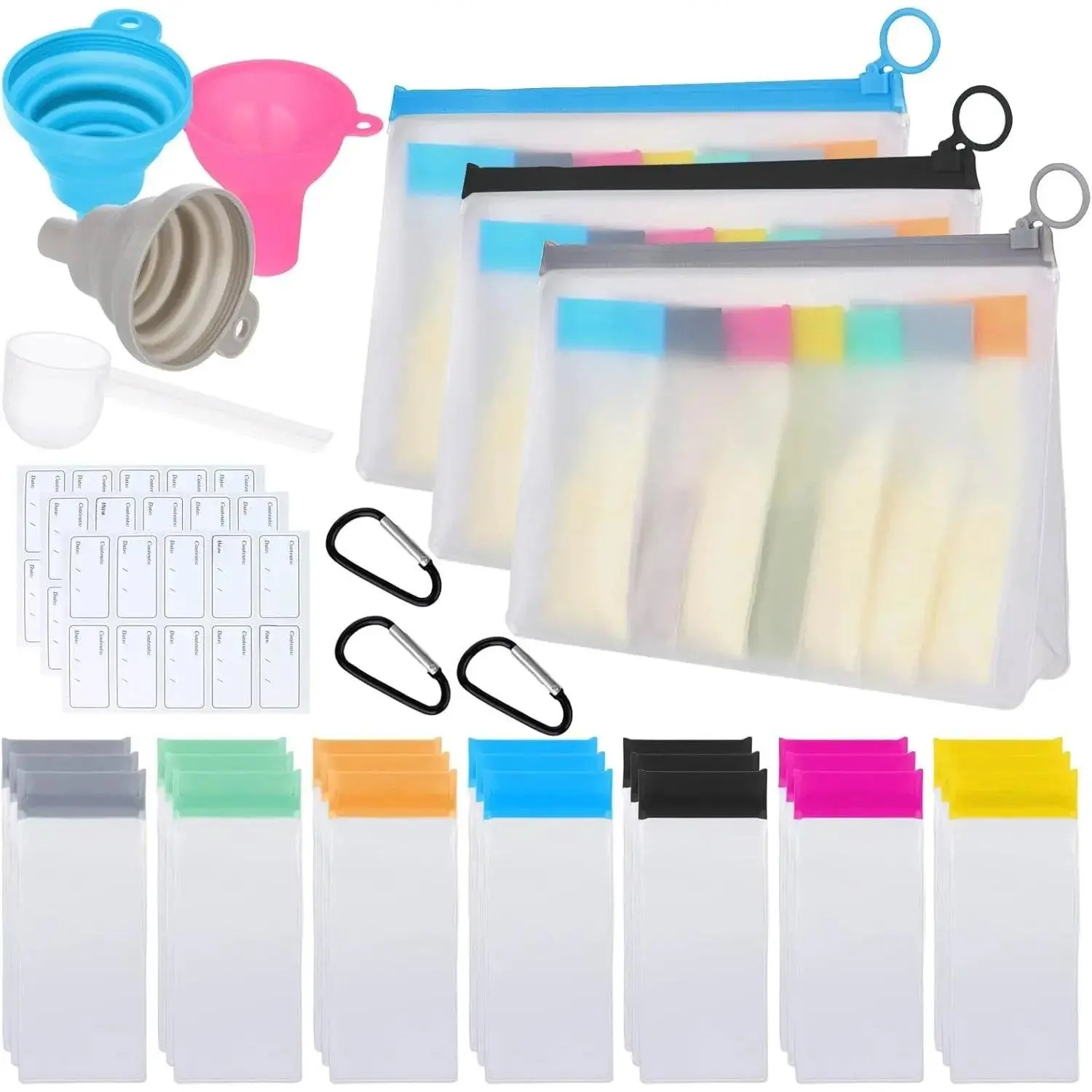 Refillable Protein Powder Storage Container with Funnel - Compact Refillable Design Storage Organizer, Versatile, Color-Coded Pouch Set, 21 Single-Dose Bags, 3 Standable Zip Bags for Gym, Workout, Travel