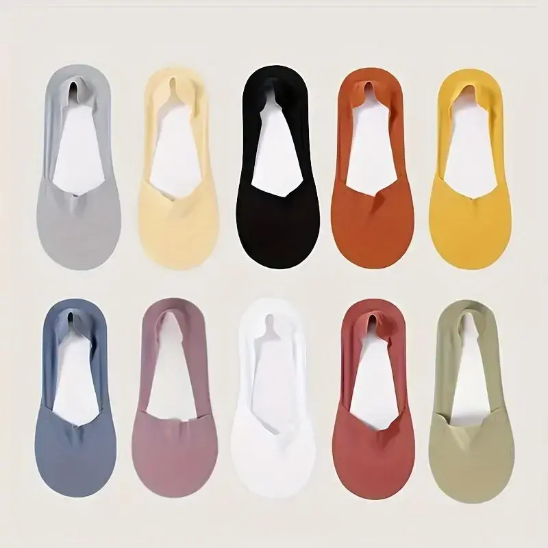 10-Pair Pack Women's Solid-Color Sheer Invisible Socks - Breathable, Comfortable, and Sweat-Wicking Ultra-Thin Low-Cut for Spring and Summer Ice-Silk Texture Essential Everyday Casual Staple Ballet Basic Fit Dress