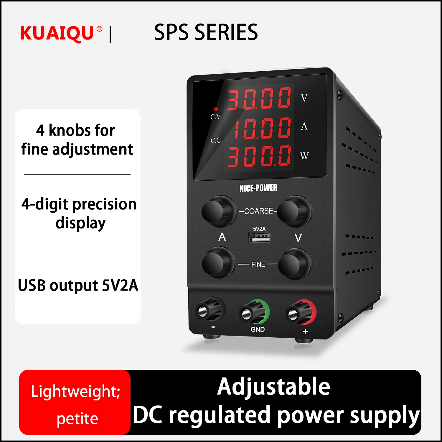 SPS3010 Adjustable DC Power Supply, Laboratory Instrument Power Supply, Output Range 30V/10A 5A 60V , Power 300W. Equipped with USB output (5V2A), 4 knobs for fine adjustment, 4-digit digital display, and power display function, designed as a benchtop .