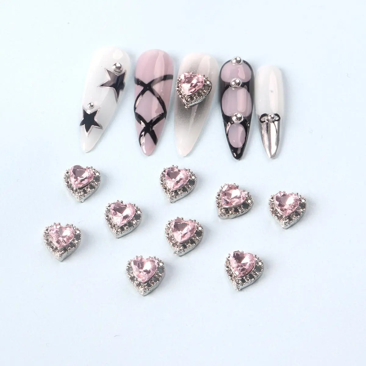 10pcs Korea Heart Nail Art Charms 3D Pink Heart Rhinestone Nail Decoration Luxury Nail Accessories DIY Design