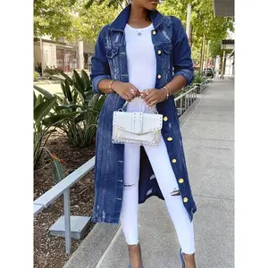Long denim jacket with worn holes, long denim trench coat for women