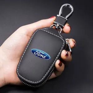 D-Type Leather Keychain Zipper Pouch with Metal Hook, Suitable for Ford Models, Car Accessories, Durable and Stylish Design