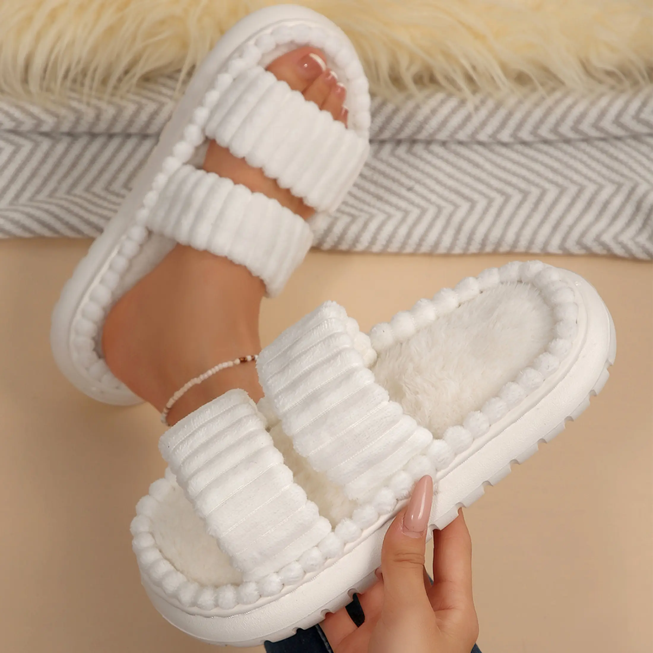 Trendy Fluffy Ruffled Slides Thick Platform Sole Double Strap Slippers Soft Plush Sandals Indoor Outdoor Shoes