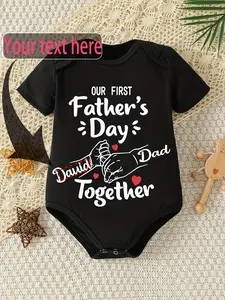 Expected to be delivered after Father's Day Custom Name Baby Unisex Black Short Sleeve Bodysuit, Our First Father’s Day Together Hand Hold Heart Personalized Infant Cotton Onesie