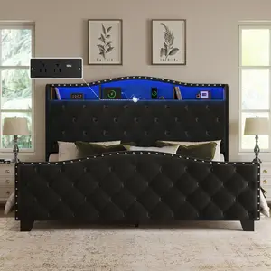 [SummerWins]Belffin Queen/King Velvet Wingback Bed Frame with 50.9” Tall Headboard, LED Lights, Storage Shelf & Charging Station, Button Tufted Footboard, No Box Spring Needed, Noise-Free – Black/White，Fathersday