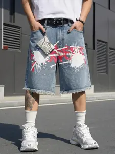 Men's Graffiti Ink Edge Denim Shorts, Light Blue Washed Summer Loose Fit Streetwear, Music Festival Exclusive, Casual Five-Quarter Pants