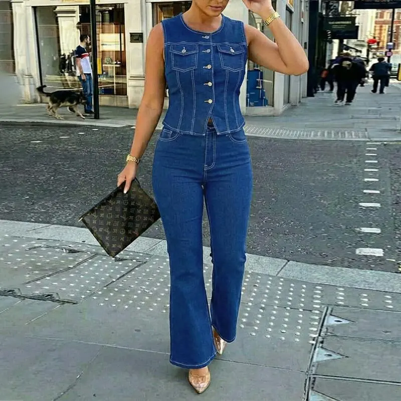 CHICME Women's 2-Piece Vintage Denim Set - Sleeveless Button-Front Top with Flap Pockets, Basic Fabric, Contrast Stitching; Zipper-Fly Flare Pants for Casual Matching Outfits, Retro