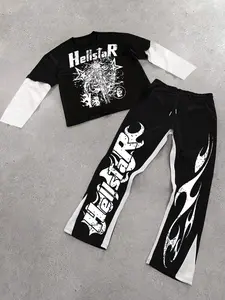 Two-Piece Set Men's Colorblock Letter Graphic 2-IN-1 Tee & Drawstring Waist Flare Leg Sweatpants Set, Regular Fit Street Round Neck Long Sleeve Top & Bell Bottom Jogger Pants, Casual Fashion Cozy Breathable Men Two-piece Outfits Clothes for All Seasons