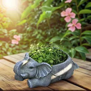 Elephant Planter Pot Garden Decoration Sculpture Ornament, Outdoor Yard Decor, Unique Flower Pot Holder, Durable Resin Material