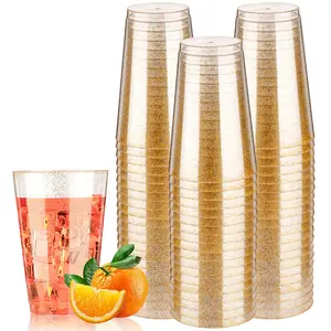 Assorted Sizes 9oz-14oz Gold Glitter Plastic Cups 50 PCS, Disposable Glitter Cups, Elegant Plastic Cocktail Glasses, Fancy Party Cups for Wedding, Birthday, Holiday