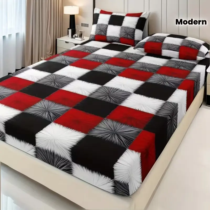 Modern Geometric Bed Sheet Set (1 Fitted + 2 Pillowcases), Comfortable and Stylish, Suitable for Dorms and Hotels, All Seasons Use, Durable Hotel Style Bedding, Bedding Supplies