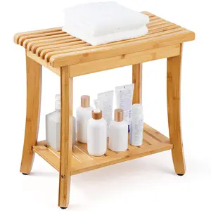 【Spotlight Day】VEVOR Bamboo Shower Bench, 19.1 x 11.3 x 18.3 in, Waterproof Shower Stool Chair with Storage Shelf, 330lbs Load Capacity Spa Bath Seat Organizer, for Adults Seniors Women Elderly Indoor Outdoor