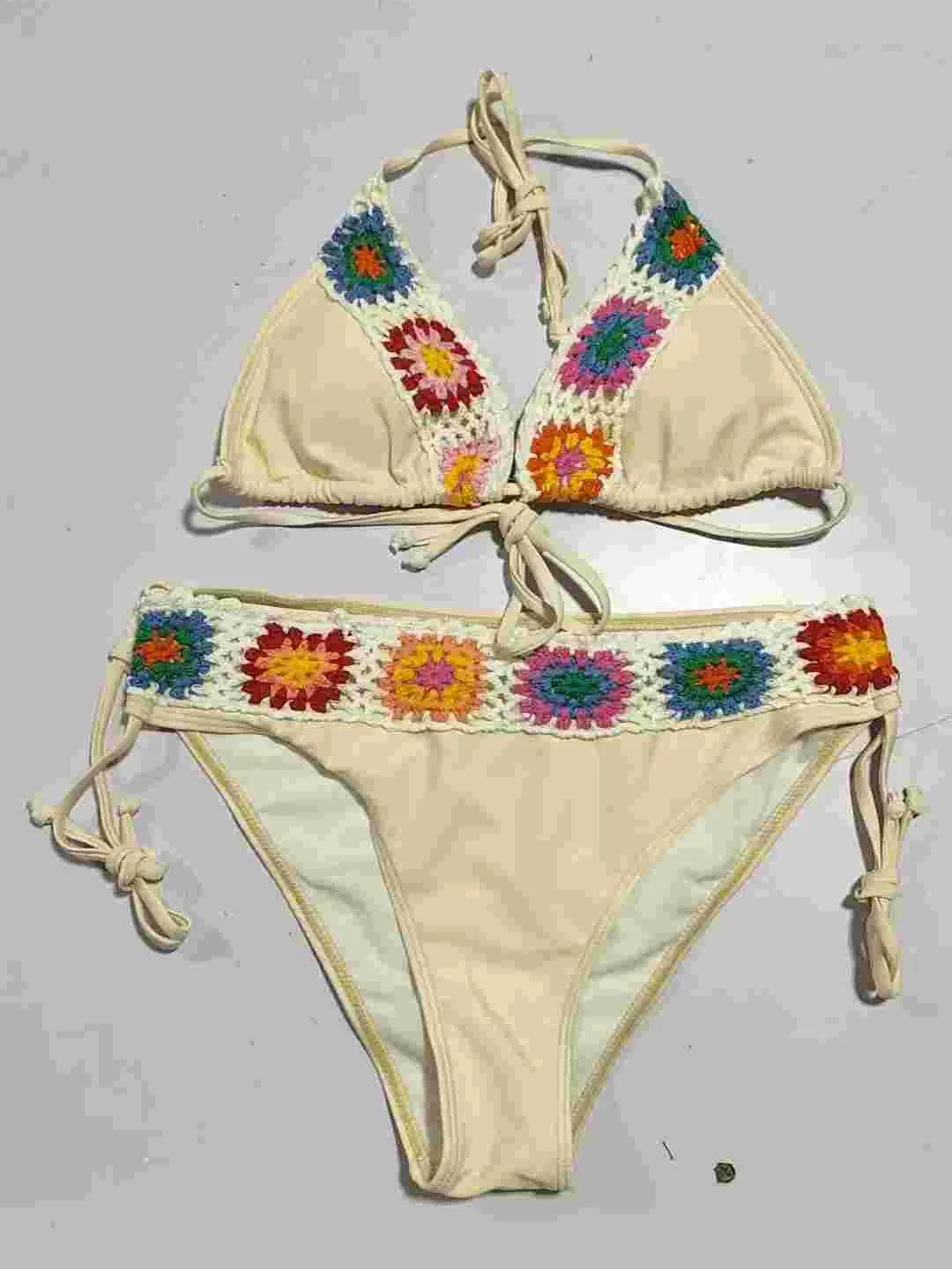 Crochet Bikini Set with Colorful Floral Patterns and Adjustable Straps for a Custom Fit