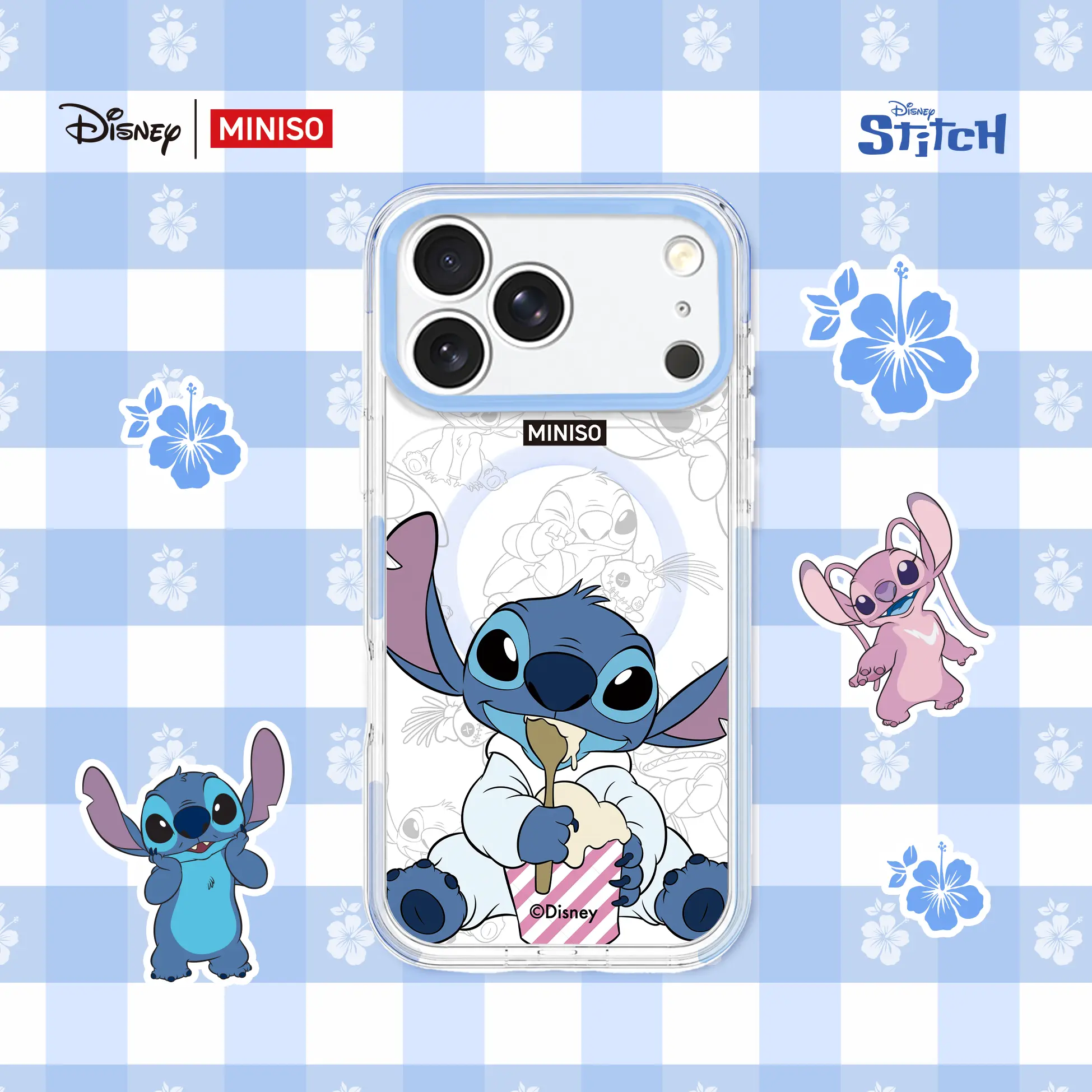 Official Disney x MINISO Stitch Phone Case for iPhone 18 17 Pro & Pro Max, Eating Ice Cream Line-Art Clear PC+TPU Blue Bumper MagSafe Cover with Camera Guard