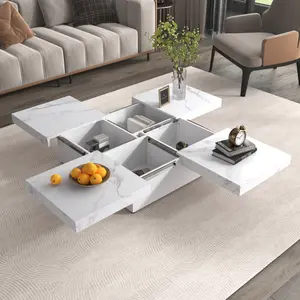Bellemave Contemporary Square White Marble Veneer Coffee Table - 39.4" Size, Sliding Storage Top, Sturdy Base, Assembly Required, Indoor Living Room Furniture for Remote Controls, Contemporary Coffee Table