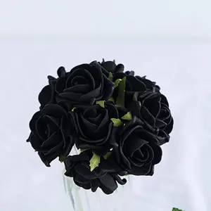 24 Roses Black Artificial Foam Flowers With Stem Wire and Leaves 2"
