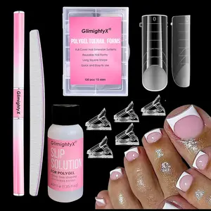 Polygel Nail Forms Kit for Toes - Reusable Toenails Dual Forms With 1.35oz Slip Solution Anti-Stick, Dual-Ended Brush, File and Clips - 12 Sizes 120Pcs Flawless Manicure
