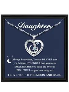 To My Daughter Heart Moon Pendant Necklace for Daughter, Daughter Birthday Gift, Christmas Present, Boho Style, Includes Box and Card