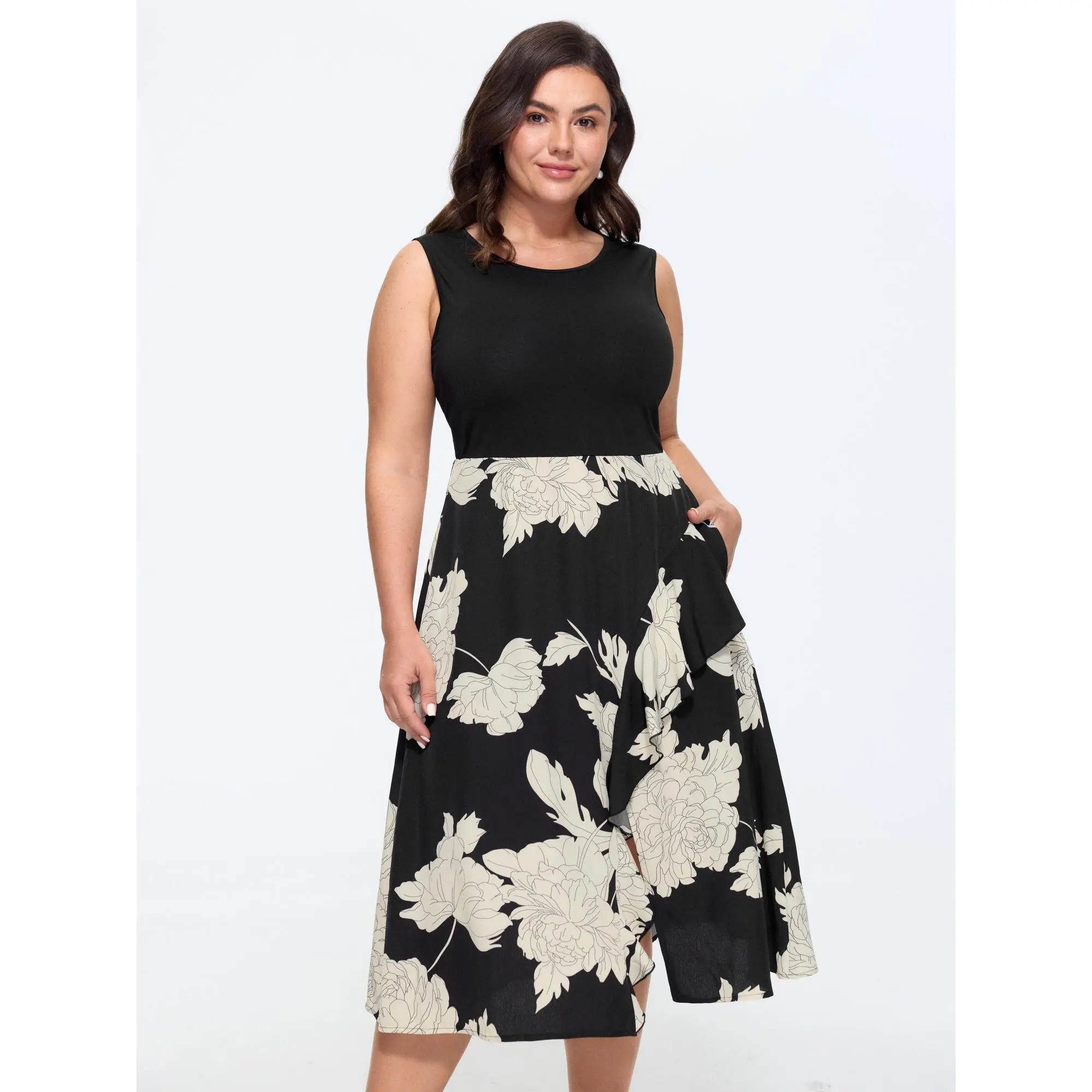 BloomChic Women's Plus Size Polyester-Elastane Casual Midi Garment - Floral Print, Color Contrast, Sleeveless, Smooth Fabric, Side Pocket, Low Iron, Pull-On, Cold Wash, 2026 Summer Romantic Fit [14-16/1x,18-20/2x,22-24/3x,M-6X Equivalent]